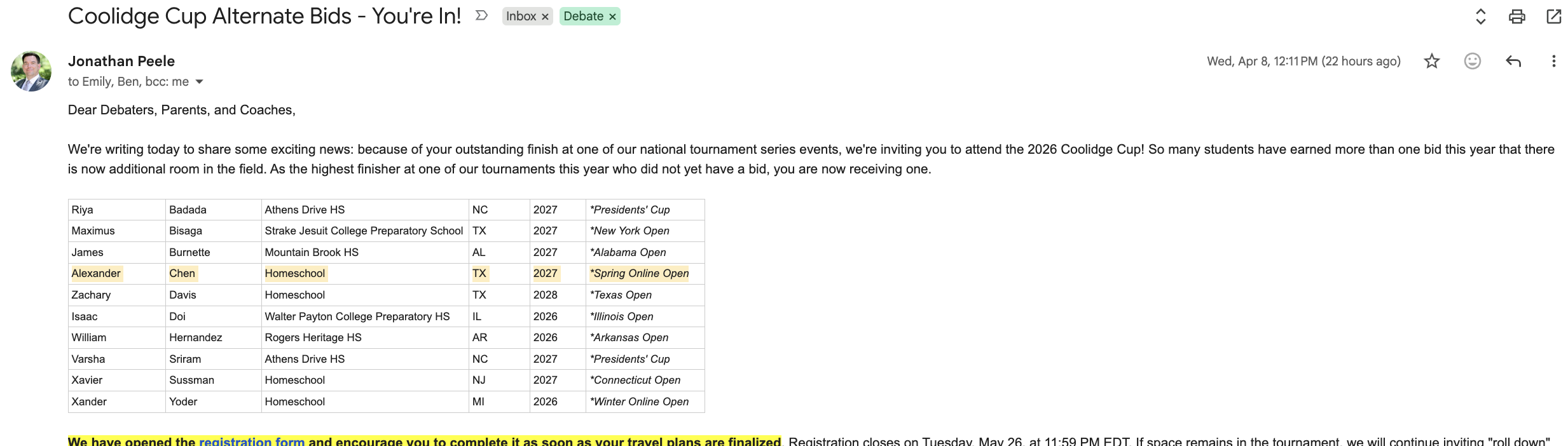 Coolidge Cup Bid Email